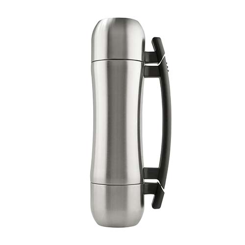 Stainless steel thermos with black handle